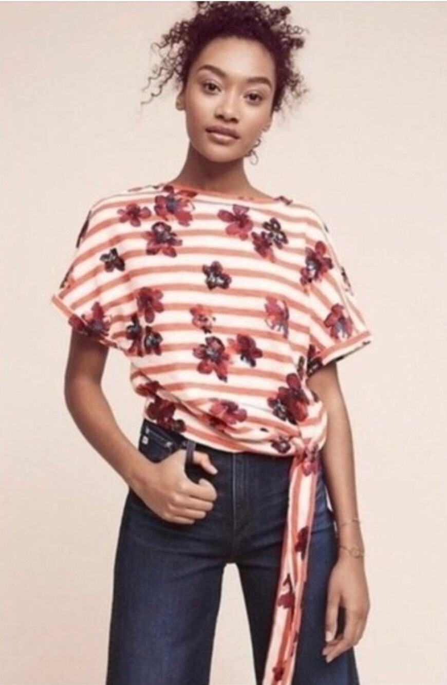 Anthropologie Postmark Striped Floral Tie-Waist Top Size Small